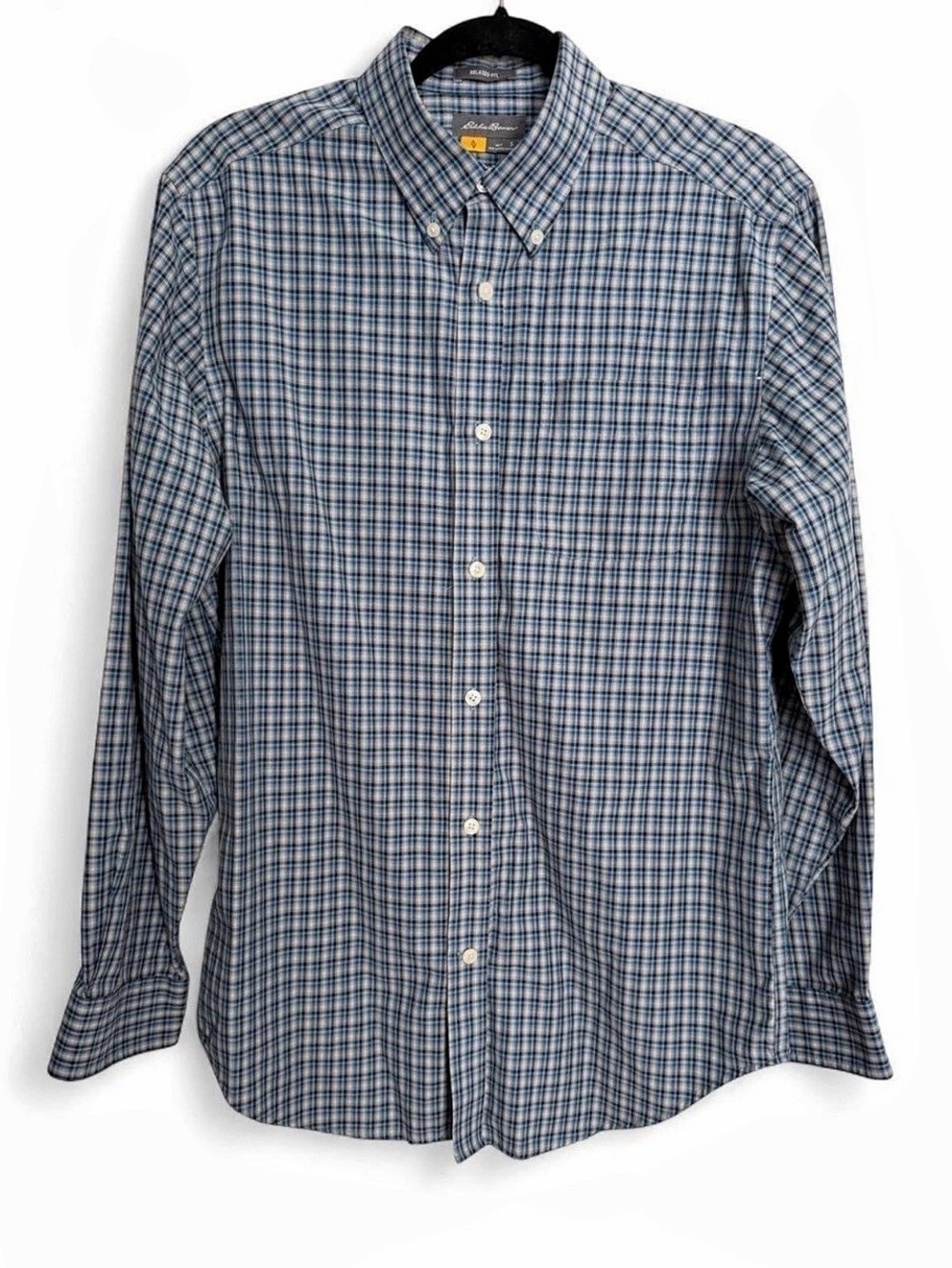 Men’s Eddie Bauer Relaxed Fit Button-Down Shirt Plaid Cotton Shirt Blue S small